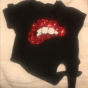 Sequin black lips tee shirt with tie size S new